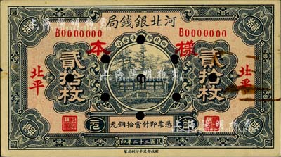 民国二十二年（1933年）河北银钱局铜元贰拾枚样本券，正背共2枚，北平地名；柏文先生藏品，未折九成新