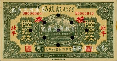 民国二十二年（1933年）河北银钱局铜元陆拾枚样本券，正背共2枚，北平地名；柏文先生藏品，未折九五成新