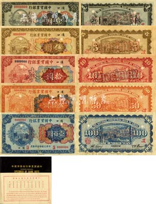 《中国实业银行兑换券样本》1册，内含：民国拾壹年（1922年）财政部版壹圆、伍圆、拾圆、伍拾圆、壹百圆样本券共5种大全套，正背共10枚，汉口地名，票上均带有英文签名；此乃该行之第一版纸币，存世极为罕见，尤其汉口地名更属难得佳品；源于藏家出品，九五成新