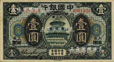 民国七年（1918年）中国银行壹圆，北京改上海地名，张嘉璈·贝祖诒签名，难得好品相，九成新