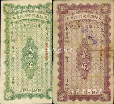 民国十五年（1926年）直隶省库定期流通券壹角、贰角共2枚不同，其中贰角券背有贴补；柏文先生藏品，六至八成新