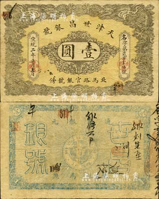 宣统二年（1910年）天津世昌银号壹圆，址设北马路官银号傍，上印双龙戏珠图，背印北洋银币；森本勇先生藏品，罕见，近八成新（注：此券与“天津德和钱号”壹圆券图案相同，较易混淆，收藏家应注意区分！）