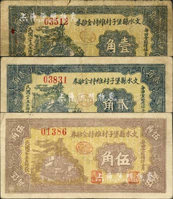 民国二十五年（1936年）文水县堡子村维持金融券壹角、贰角、伍角共3枚全套，正背各印“每田壹亩担保五角”和“全村地亩担保”字样；森本勇先生藏品，七至八成新