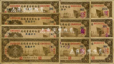 民国廿二年（1933年）察哈尔商业钱局壹圆加字券共10种不同，张家口·平津通用地名，分别加印{4}、{6}、{10}、{16}、{35}、{41}、{62}、{65}、{68}、{171}领券数字；七至七五成新，敬请预览