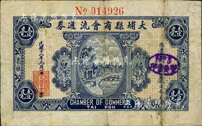 民国十八年（1929年）大埔县商会流通券壹毫，罕见品，七五成新