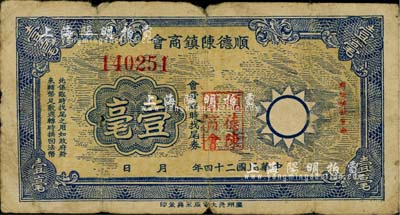 民国二十四年（1935年）顺德陈镇商会壹毫，由广州代印，上印国民党党徽，罕见，自然七成新