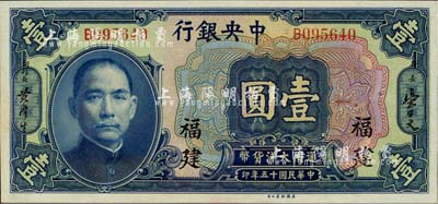 民国十五年（1926年）中央银行大洋壹圆，福建地名，九八成新