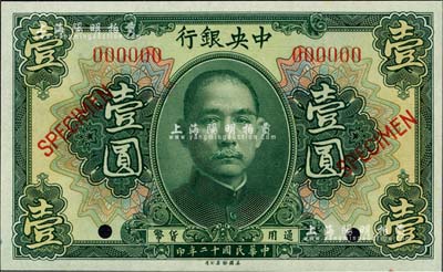 民国十二年（1923年）中央银行第一版绿色壹圆样本券，长框版，尺寸125×76mm，全新