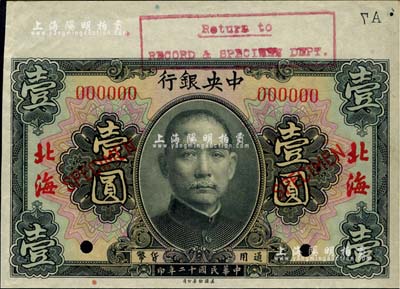 民国十二年（1923年）中央银行黑色壹圆样本券，北海地名，上端带有版铭，九五成新