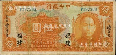 民国十五年（1926年）中央银行大洋伍圆，福建地名，七成新