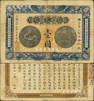 光绪三十三年（1907年）安徽裕皖官钱局壹圆，其银币图及背面告示文字清晰；美国Mr. Kevin藏品，已属较佳品相，八成新