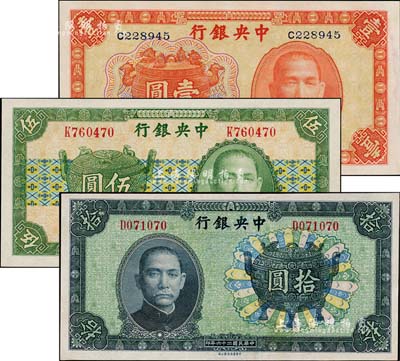 中央银行中华版宝鼎图1936年壹圆、1937年伍圆、拾圆共3枚全套，均为单字轨，孔祥熙·李觉签名，九五至全新