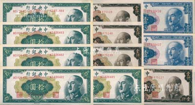 中央银行金圆券中央厂版共11枚，详分：1948年拾圆5枚连号，1949年棕色壹仟圆4枚分段连号、壹万圆2枚连号，九八至全新，敬请预览