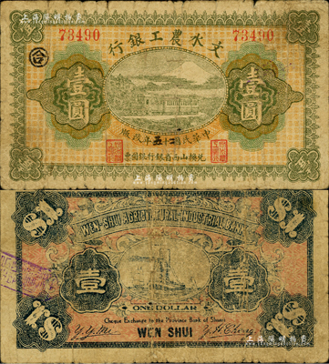 民国十七改二十五年（1936年）文水农工银行壹圆，票上印有“兑换山西省银行银圆票”字样；森本勇先生藏品，七成新