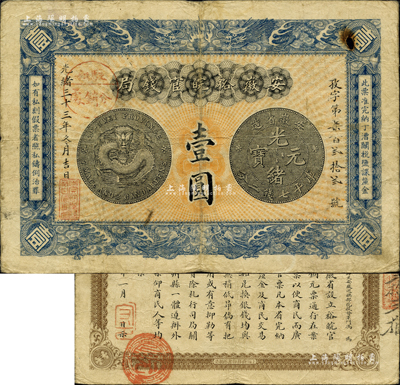 光绪三十三年（1907年）安徽裕皖官钱局壹圆，加盖“驻和分销处”（即和州，今称和县）地名圆戳；柏文先生藏品，票上有一蛀孔，七五成新