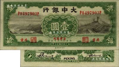 民国廿七年（1938年）大中银行长城图壹圆，北京·京津通用地名；柏文先生藏品，九八成新