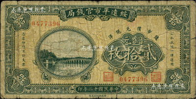 民国十二年（1923年）绥远平市官钱局铜元贰拾枚，柏文先生藏品，罕见，七成新