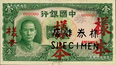 民国二十五年（1936年）中国银行德纳罗版壹圆样本，无字轨，正背共2枚，未折九成新