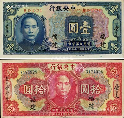 民国十五年（1926年）中央银行大洋壹圆、拾圆共2枚，福建地名；闻云龙先生藏品，背盖收藏章，七五至九八成新