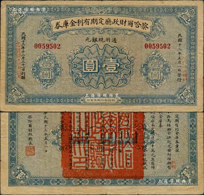 民国十三年（1924年）察哈尔财政厅定期有利金库券通用现银元壹圆，由财政部印刷局印制，背印库券章程；省钞之珍罕品，目前存世仅见数枚，原票七五成新