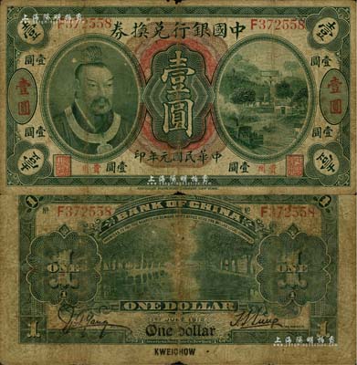 民国元年（1912年）中国银行兑换券黄帝像壹圆，贵州地名，孙多森·杨瑜统签名；南宁刘绍峰先生藏品，七成新