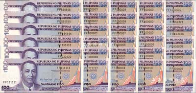 2006年菲律宾100比索趣味号码券共30枚全套，分别为111111、222222、333333、444444、555555、666666、777777、888888、999999、000001至000010十连号、100000、200000、300000、400000、500000、600000、700000、800000、123456、654321、1000000之趣味号码
