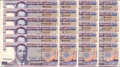 2010年菲律宾100比索趣味号码券共22枚全套，分别为111111、222222、333333、444444、555555、666666、777777、888888、999999、000001至000010十连号、123456、654321、1000000之趣味号码，且此22枚钞票均为YQ同一冠字，尤为难得；海外藏家出品，全新