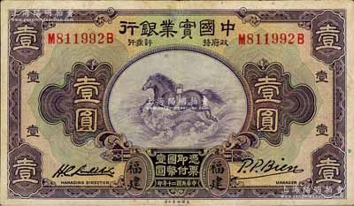 民国二十年（1931年）中国实业银行壹圆，福建地名，少见，近八成新