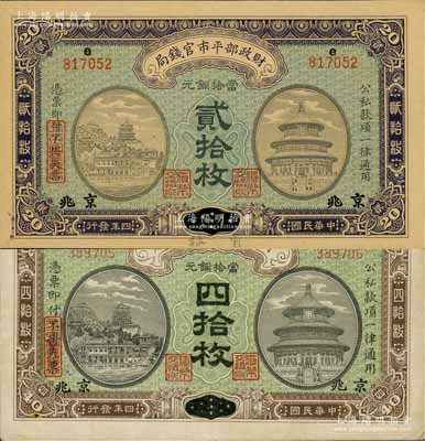 民国四年（1915年）财政部平市官钱局当拾铜元贰拾枚、四拾枚共2种不同，均为直隶改京兆地名；白尔文先生藏品，其中四拾枚券源于杭州集钞前辈朱德水先生之旧藏（背盖CTS收藏章），八至九五成新