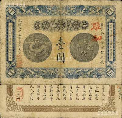 光绪三十三年（1907年）安徽裕皖官钱局壹圆，加盖“驻和”（和州，即今和县）地名，背面告示文字清晰；白尔文先生藏品，自然七成新