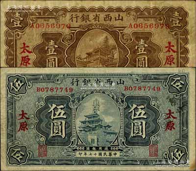 民国十七年（1928年）山西省银行显通寺铜殿图壹圆、钟楼图伍圆共2枚全套，太原地名；白尔文先生藏品，七至七五成新