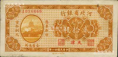 民国廿一年（1932年）河北省银行铜元贰拾枚，天津地名，少见，八成新