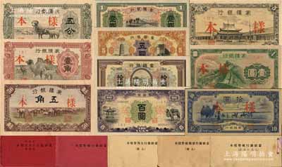 《蒙疆银行纸币样本》共5册不同大全套，内含10种不同版式样本券，详分：①第1册甲号第一版（1938年）壹圆、五圆、拾圆、百圆全套样本券，正背共8枚；此第一版样本乃由日本所印制，正面下边均带有“凸版印刷株式会社·东京”印刷厂名；②第2册甲号辅币券（1940年）五分、壹角、骆驼图五角全套样本券，正背共6枚；③第3册（乙号）小庙图五角样本券，正背共2枚；④第4册（乙号）长城图壹圆样本