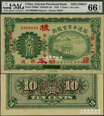 民国二十一年（1932年）绥远平市官钱局壹角样本券，正背共2枚，绥远地名，此乃民国十七年版之改造券；奚峥云先生藏品，全新