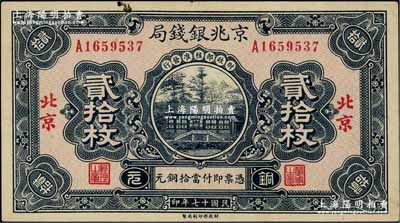 民国十七年（1928年）京兆银钱局铜元贰拾枚，北京地名，该局为河北银钱局之前身；奚峥云先生藏品，未折九成新