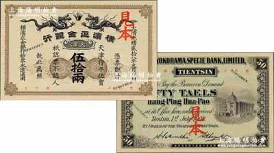 大清光绪贰拾八年（1902年）横滨正金银行·天津行平化宝伍拾两见本，天津地名；前辈名家出品，珍罕，全新