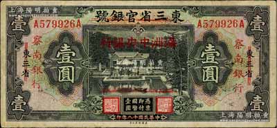 民国十八年（1929年）东三省官银号改满洲中央银行再改察南银行壹圆，台湾前辈藏家出品，品相尚佳，七五成新