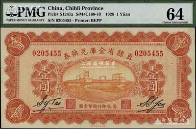 民国十七年（1928年）直隶省金库兑换券壹圆，背印发行条例及盖“直隶财政厅印”，江南宁泰堂藏品，九八成新