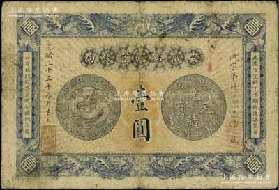 光绪三十三年（1907年）安徽裕皖官钱局壹圆，背面告示文字清晰，原票七成新