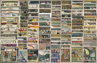 1920-23年德国紧急纸币共180余种不同，德国藏家出品，品种丰富，图案美观，大部分品相极佳，整体约八成至全新不等，敬请预览