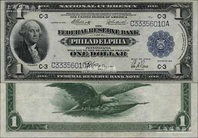 1914年美国（National Currency）国家银行券大型1美元，上印Philadelphia（费城）地名，八五成新