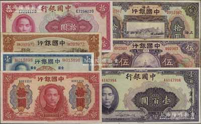 中国银行纸币7种，详分：1924年上海拾圆，1930年厦门伍圆，1935年天津马耕地壹圆，1937年壹圆，1940年拾圆、重庆壹百圆，1941年大东版红天坛拾圆；七至九五成新，敬请预览