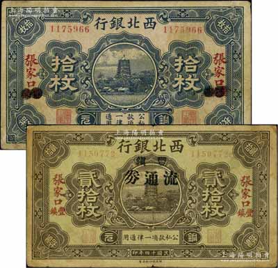 民国十四年（1925年）西北银行铜元票2种，详分：拾枚张家口地名，抹消“丰镇”版；贰拾枚张家口丰镇地名，且加盖“丰镇流通券”字样；此二种版式存世少见，七至八成新