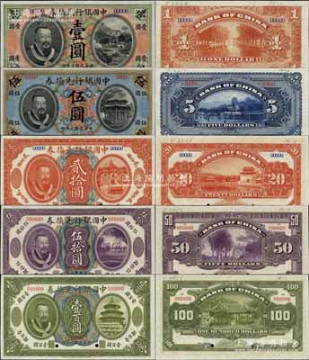民国二年（1913年）中国银行兑换券黄帝像壹圆、伍圆、贰拾圆、伍拾圆、壹百圆样本券共5枚大全套，美国奚峥云先生藏品，成套者存世罕见，全新