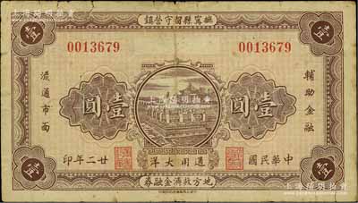 民国廿二年（1933年）抚甯县留守营镇地方救济金融券壹圆，上印颐和园铜牛图，背印济南大明湖北极庙，形制颇为美观；海外回流品，原票七成新