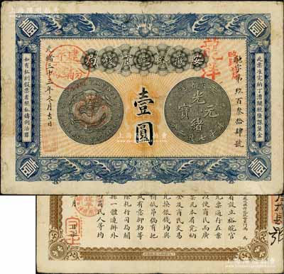 光绪三十三年（1907年）安徽裕皖官钱局壹圆，正面加盖“建平分销处”、“建平·裕皖官钱分局·通用鹰洋”、“改归省局”和“龙洋”等戳记，建平即今安徽郎溪县；白尔文先生藏品，版式少见且品相甚佳，八成新