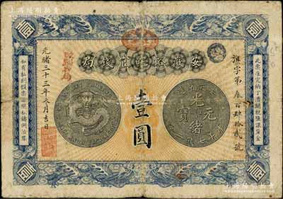 光绪三十三年（1907年）安徽裕皖官钱局壹圆，加盖“驻芜”（芜湖）椭圆形地名章和“改归省局”红字；白尔文先生藏品，七至七五成新