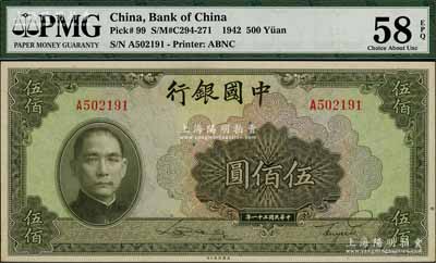 民国三十一年（1942年）中国银行美钞版伍佰圆，单字轨，资深藏家出品，九八成新