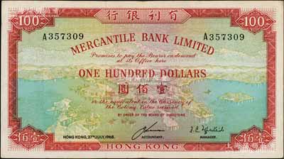 1968年有利银行壹佰圆，香港地名，八成新