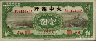 民国廿七年（1938年）大中银行长城图壹圆，北京·京津通用地名，九八成新